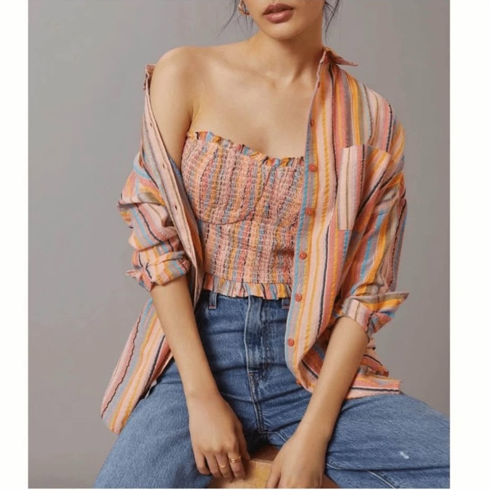 Anthropologie Pilcro Rainbow Smocked Tube Top and Button Down Set NWT XS